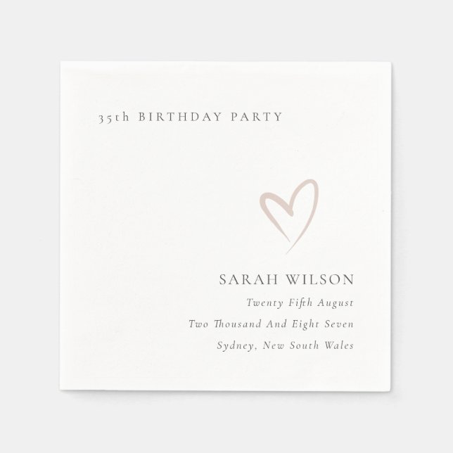 Elegant Minimal Blush Pink Heart Any Age Birthday Napkin (Front)