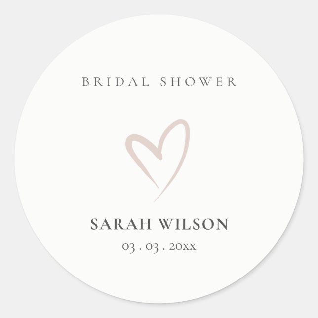 Elegant Minimal Blush Pink Heart Bridal Shower Classic Round Sticker (Front)