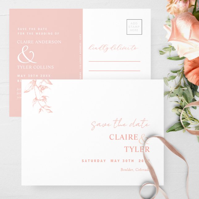 Elegant Minimal, Blush Pink Wedding Save The Date Postcard (Creator Uploaded)