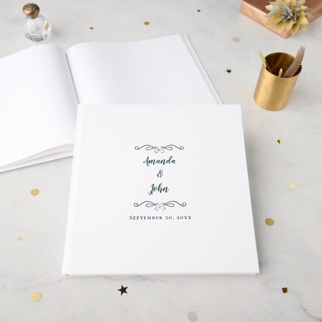 Elegant Minimal Calligraphy Wedding Emerald Green Guest Book (Front Open)