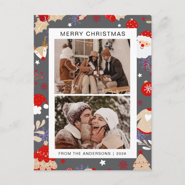 Elegant Minimal Christmas | Modern Family 2 Photo Holiday Postcard (Front)