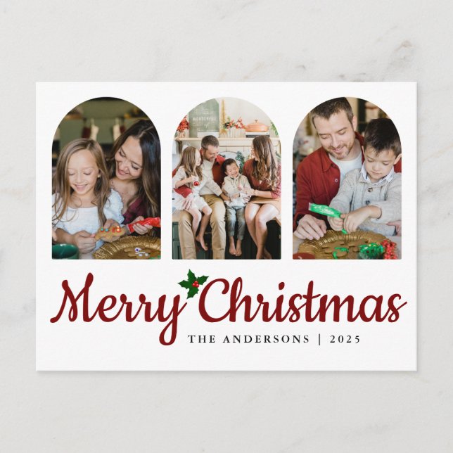 Elegant Minimal Christmas | Modern Family 3 Photo  Holiday Postcard (Front)