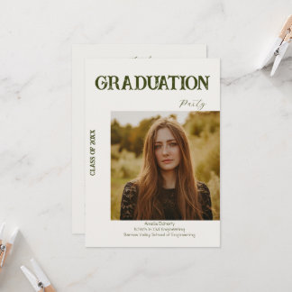 Elegant minimal Cream & sage Green Graduation Invitation