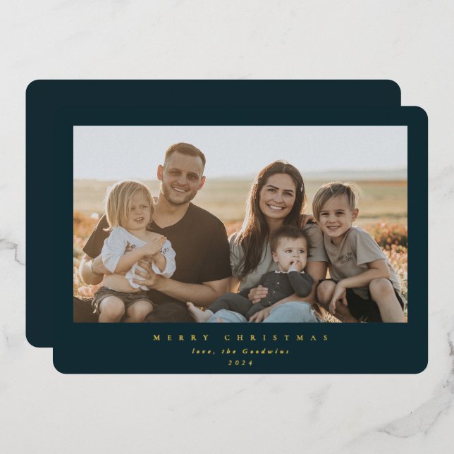 Elegant Minimal Dark Green Frame Single Photo Foil Holiday Card (Front/Back)