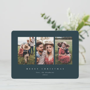 Elegant Minimal Dark Green Frame Triple Photo Holiday Card