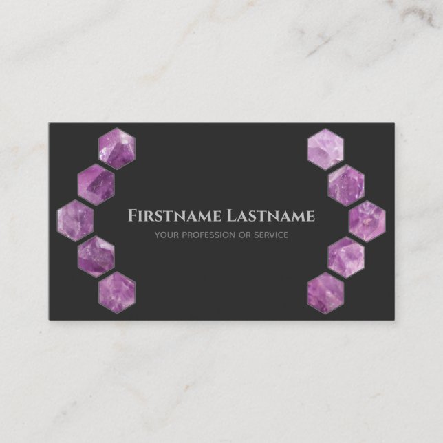 Elegant minimal dark grey violet amethyst hexagons business card (Front)