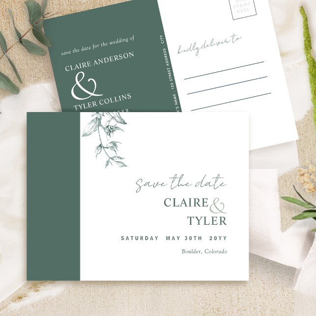 Elegant Minimal, Deep Green Wedding Save The Date Postcard (Creator Uploaded)