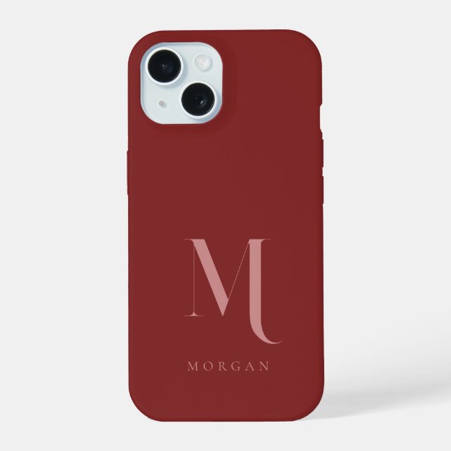Elegant & Minimal Deep Red Monogram iPhone 15 Case (Back)