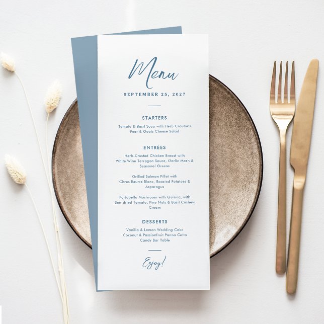Elegant Minimal Dusty Blue Script Text Wedding  Menu (Elegant dusty blue wedding menu with calligraphy script text in a mimial, chic style.)