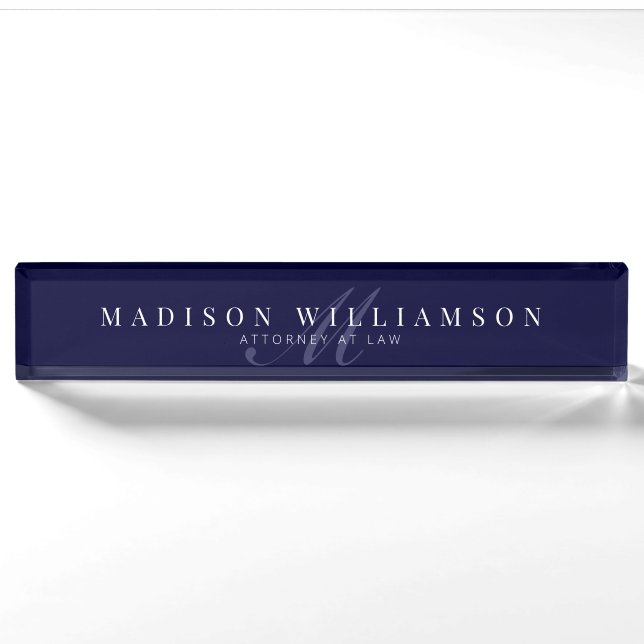 Elegant Minimal Executive Name & Monogram Navy Nameplate (Front)