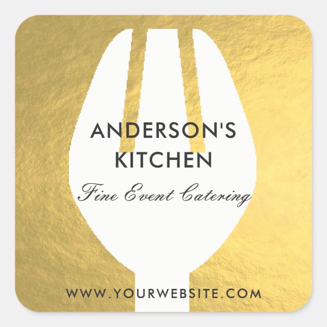 ELEGANT MINIMAL FAUX GOLD FORK CHEF CATERING SQUARE STICKER (Front)