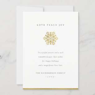 Elegant Minimal Faux Gold Snowflake Love Joy Peace Holiday Card