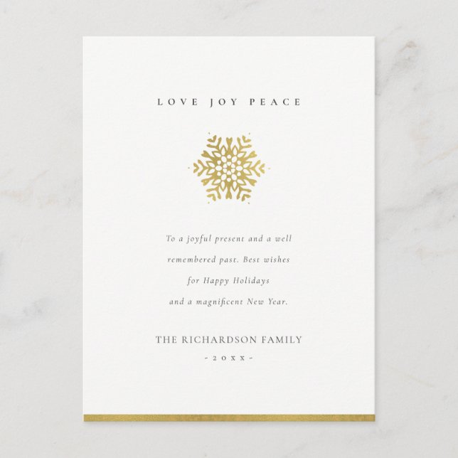 Elegant Minimal Faux Gold Snowflake Love Joy Peace Holiday Postcard (Front)
