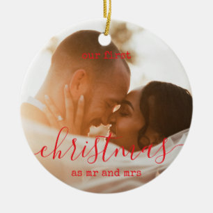 Elegant Minimal First Christmas Photo and Text Ceramic Ornament