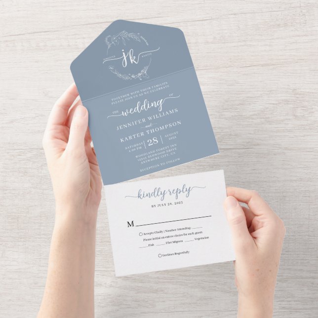 Elegant Minimal Floral Dusty Blue Monogram Wedding All In One Invitation (Tearaway)