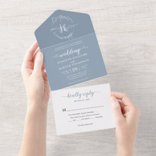 Elegant Minimal Floral Dusty Blue Monogram Wedding All In One Invitation
