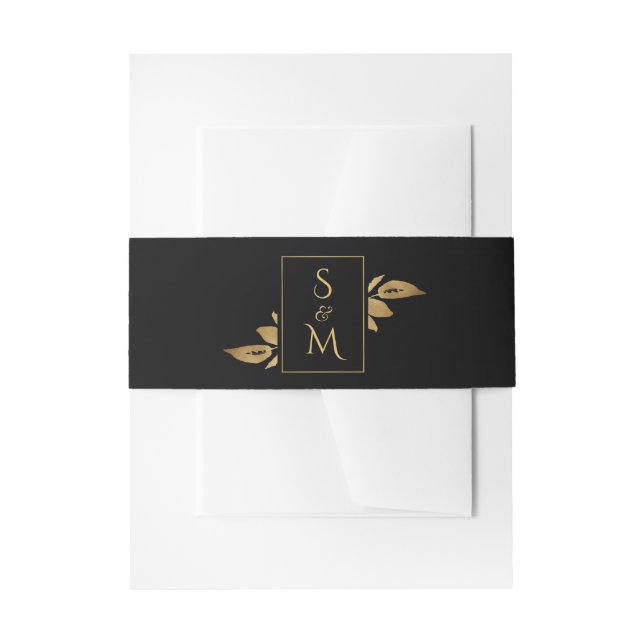 Elegant Minimal Foliage Black and Gold Wedding Invitation Belly Band (Front Example)