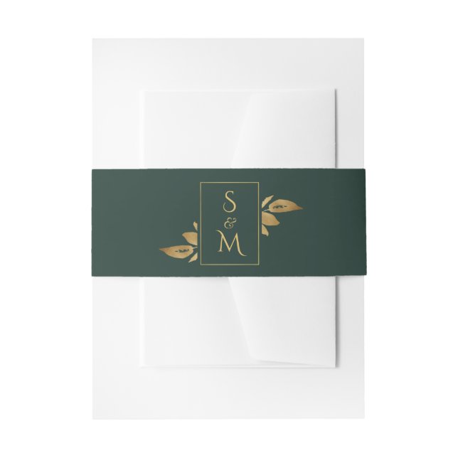 Elegant Minimal Foliage Forest Green Gold Wedding Invitation Belly Band (Front Example)