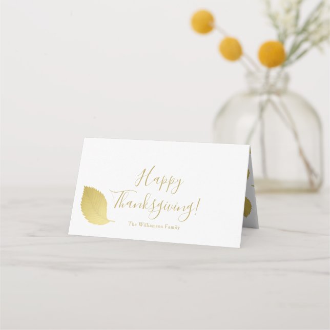 Elegant, Minimal Gold Autumn Leaf - Thanksgiving Place Card (Front)