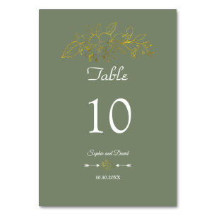 Elegant Minimal Gold Floral Sage Green Wedding Table Number