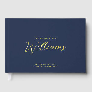 Elegant Minimal Gold Foil Navy Blue Wedding Guest Book