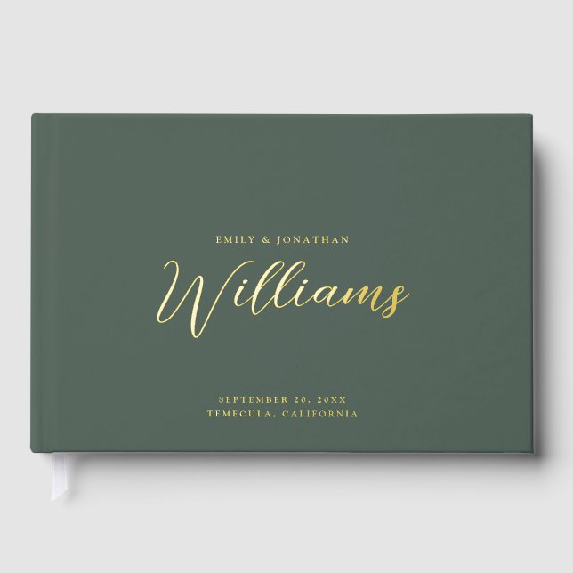 Elegant Minimal Gold Foil Sage Green Wedding  Guest Book (Front)