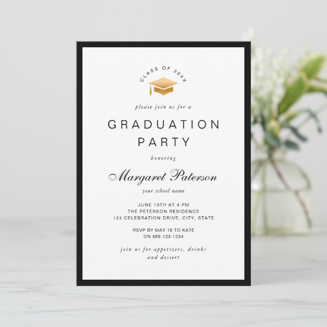 Elegant Minimal Gold Grad Cap Graduation Party Invitation (Standing Front)