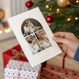 Elegant Minimal Gold Line Arch 3-Photo Foil Holiday Card
