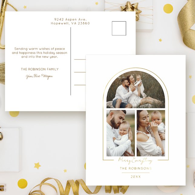 Elegant Minimal Gold Line Arch 3-Photo Foil Holiday Postcard (Creator Uploaded)