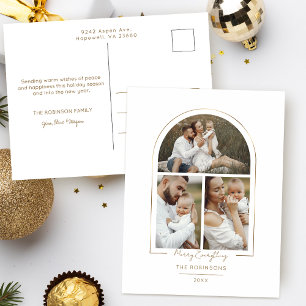 Elegant Minimal Gold Line Arch 3-Photo Holiday Postcard