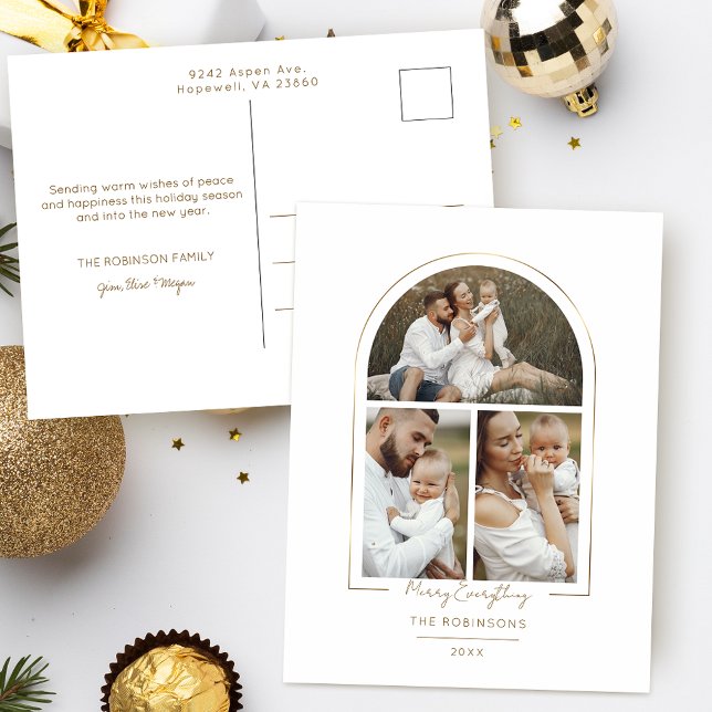 Elegant Minimal Gold Line Arch 3-Photo Holiday Postcard (Creator Uploaded)