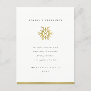 Elegant Minimal Gold Snowflake Season's Greetings Holiday Postcard