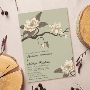Elegant Minimal Green Magnolia Wedding Invitation