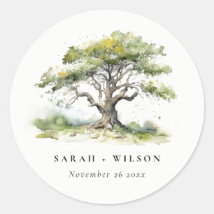 Elegant Minimal Green Watercolor Oak Tree Wedding Classic Round Sticker