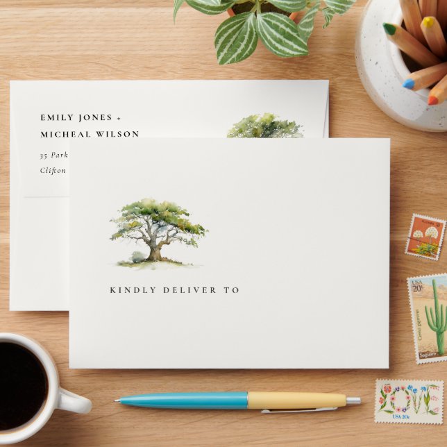 Elegant Minimal Green Watercolor Oak Tree Wedding Envelope (Desk)
