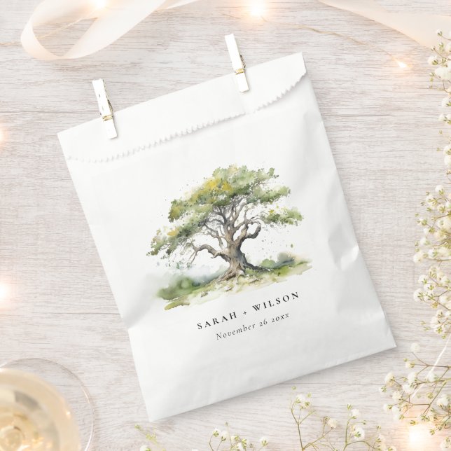 Elegant Minimal Green Watercolor Oak Tree Wedding Favour Bag (Clipped)