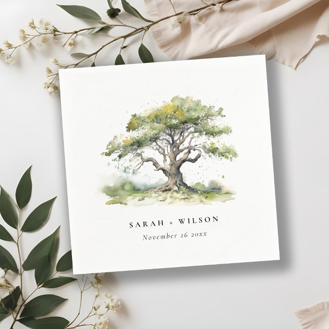 Elegant Minimal Green Watercolor Oak Tree Wedding Napkin (Creator Uploaded)