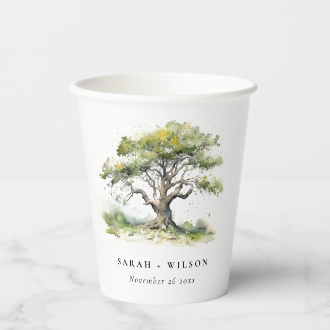 Elegant Minimal Green Watercolor Oak Tree Wedding Paper Cups (Front)