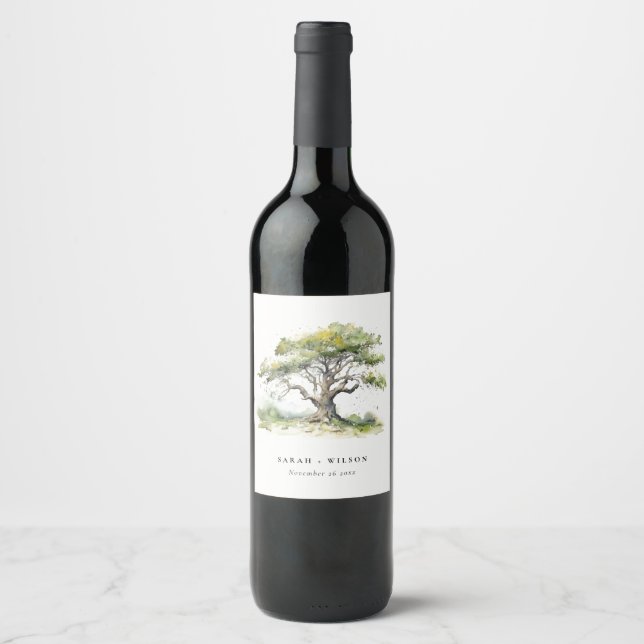 Elegant Minimal Green Watercolor Oak Tree Wedding Wine Label (Front)