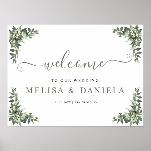 Elegant Minimal Greenery Wedding Welcome Sign (Front)