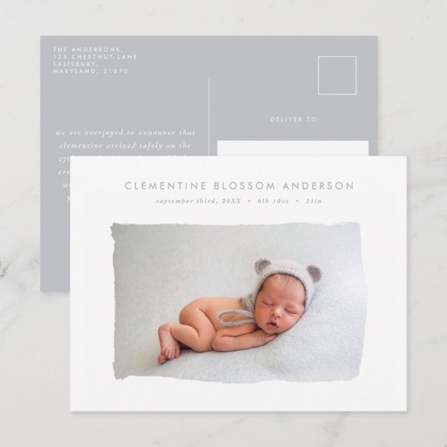 Elegant minimal grey birth announcement photo (Front/Back)