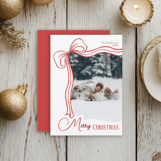 Elegant Minimal Hand Drawn Red Bow Christmas  Holiday Card