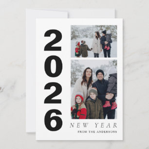 Elegant Minimal Happy New Year Family 2 Photo Holiday Card