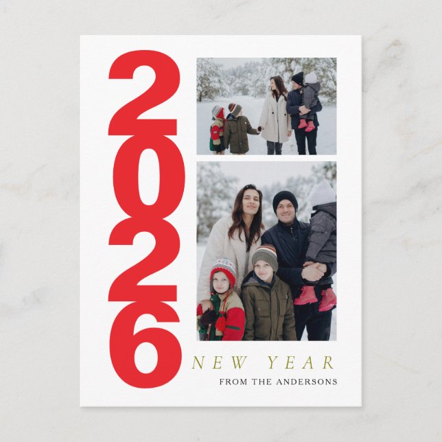 Elegant Minimal Happy New Year Family 2 Photo Holiday Postcard (Front)