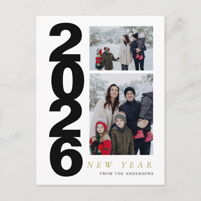 Elegant Minimal Happy New Year Family 2 Photo Holiday Postcard (Front)