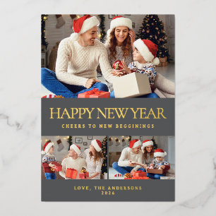 Elegant Minimal Happy New Year Family Photo Foil Holiday Card
