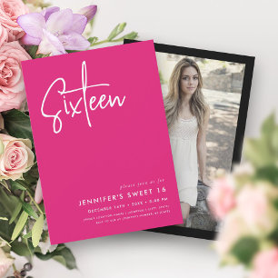 Elegant Minimal Hot Pink Photo Sweet 16 Invitation