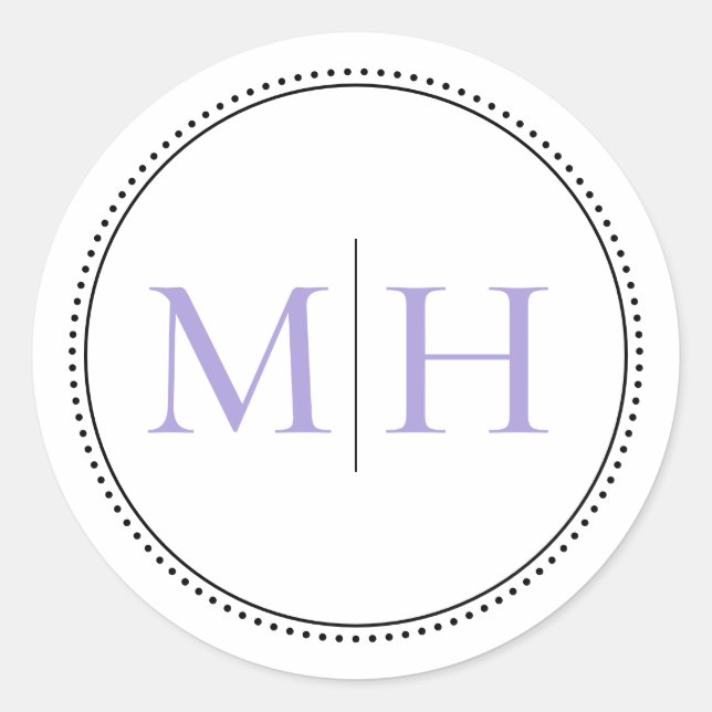 Elegant Minimal Lavender Monogram Dotted Border Classic Round Sticker (Front)