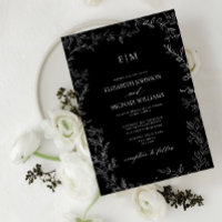 Elegant Minimal Leaf Black White Monogram Wedding