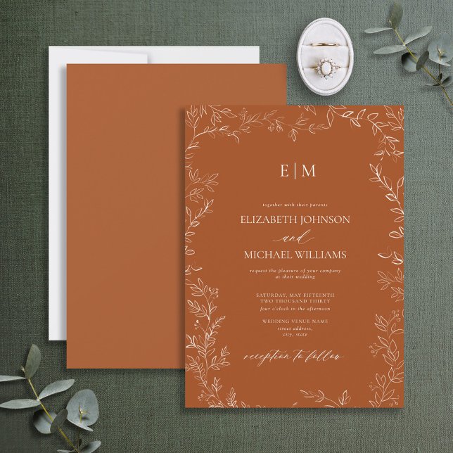 Elegant Minimal Leaf Burnt Orange Monogram Wedding Invitation (Creator Uploaded)